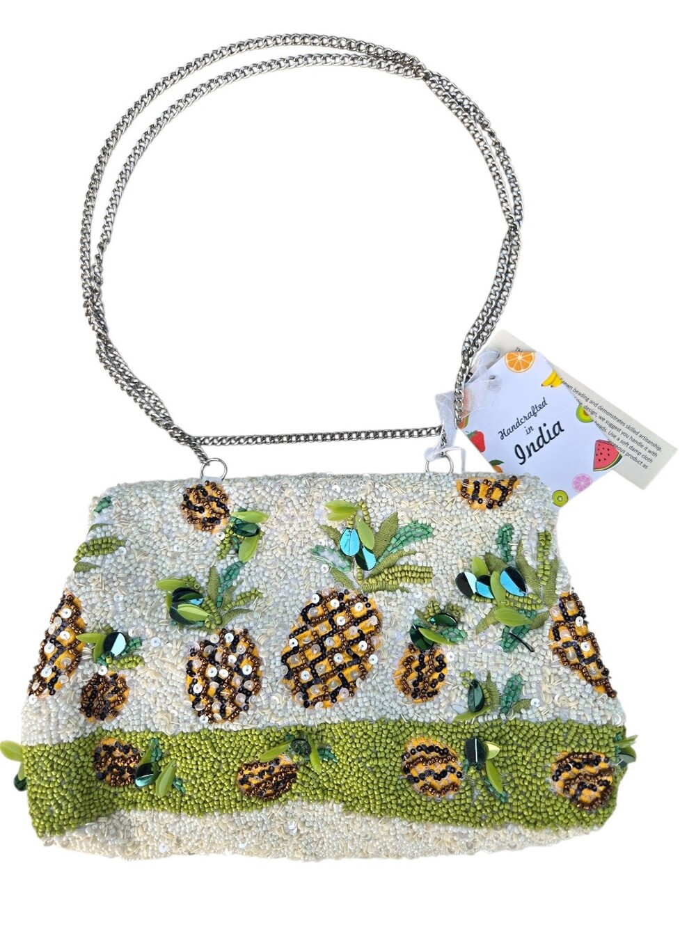 🍍 Viral Handmade Beaded Pineapple Clutch Bag with Sequin in White and Green